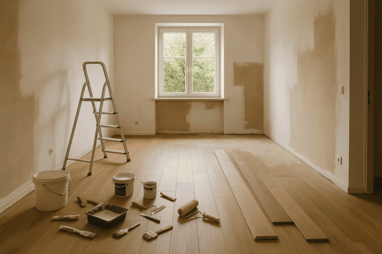 Šiuolaikiškas būstas remonto metu su statybinėmis medžiagomis ir įrankiais