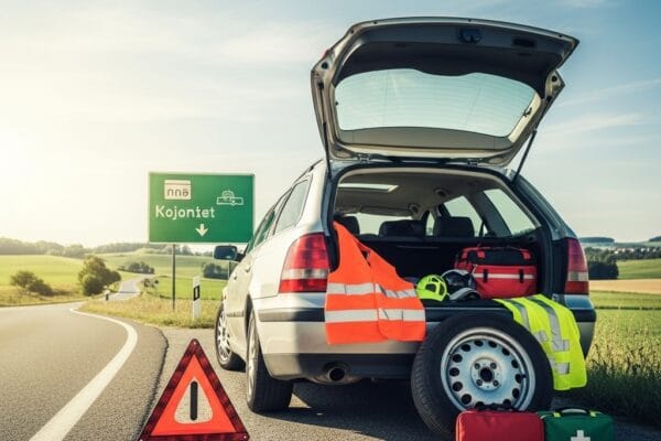 Saugios kelionės automobiliu: kaip išvengti nemalonių staigmenų užsienyje Automobilis pasiruošęs kelionei į užsienį, sustojęs prie kelio su matomais saugumo atributais.