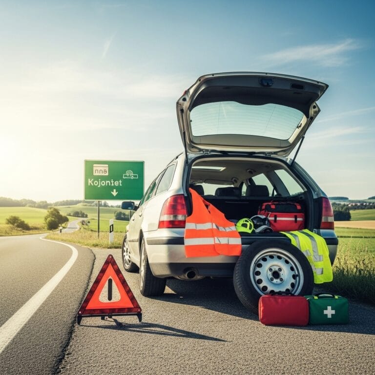 Automobilis pasiruošęs kelionei į užsienį, sustojęs prie kelio su matomais saugumo atributais.