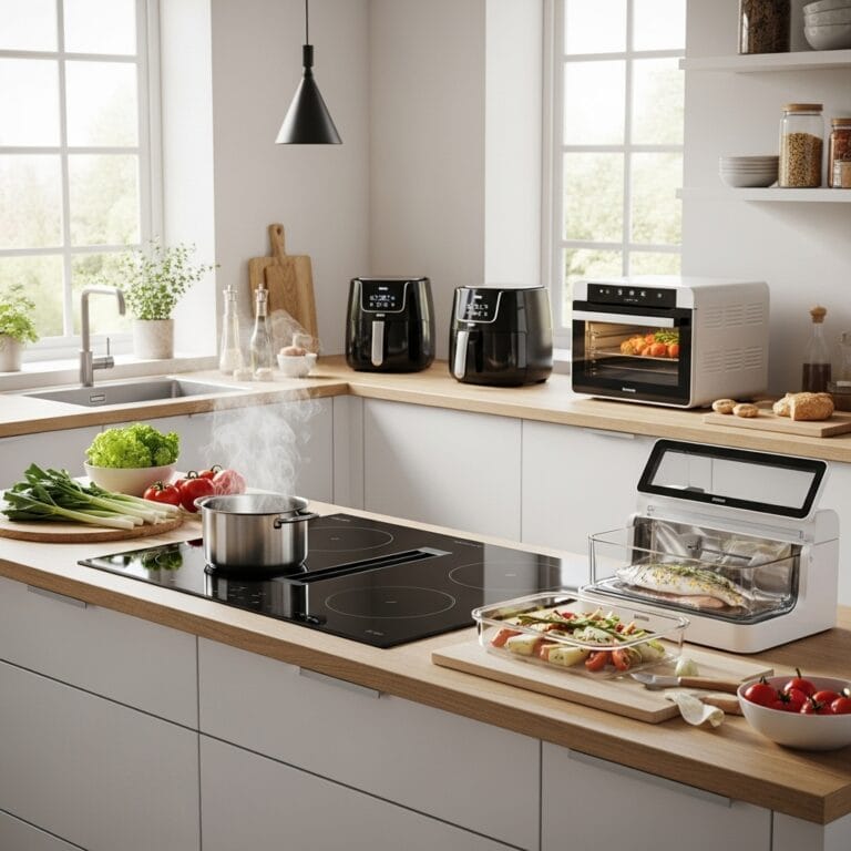 Šiuolaikinė virtuvė su išmaniais prietaisais ir sveiko maisto ruošimu