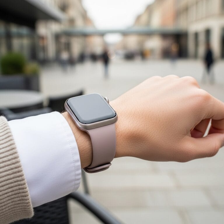 Stilinga išmaniojo laikrodžio apyrankė ant žmogaus riešo, perteikianti asmeninio stiliaus detales