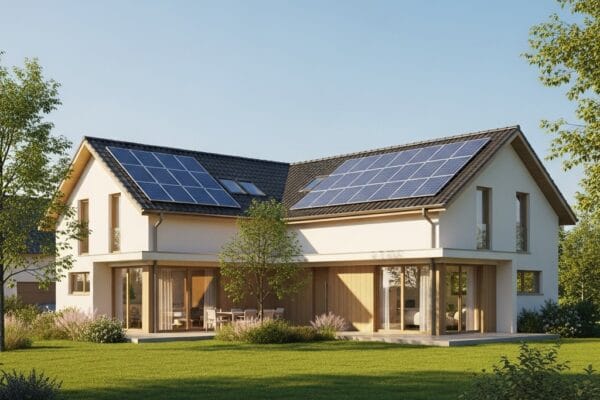 Žvilgsnis į ateitį: kaip saulės elektrinės taupo namų biudžetą ir saugo aplinką Šiuolaikinis gyvenamasis namas su saulės elektrinės moduliais ant stogo, apsuptas žalumos