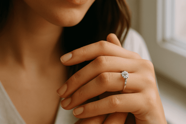 Prabangus vyriškas vestuvinis žiedas su subtiliu deimantu ant tamsaus fono.