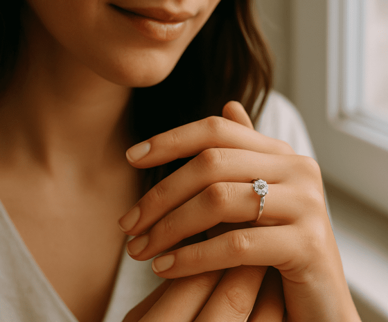 Prabangus vyriškas vestuvinis žiedas su subtiliu deimantu ant tamsaus fono.