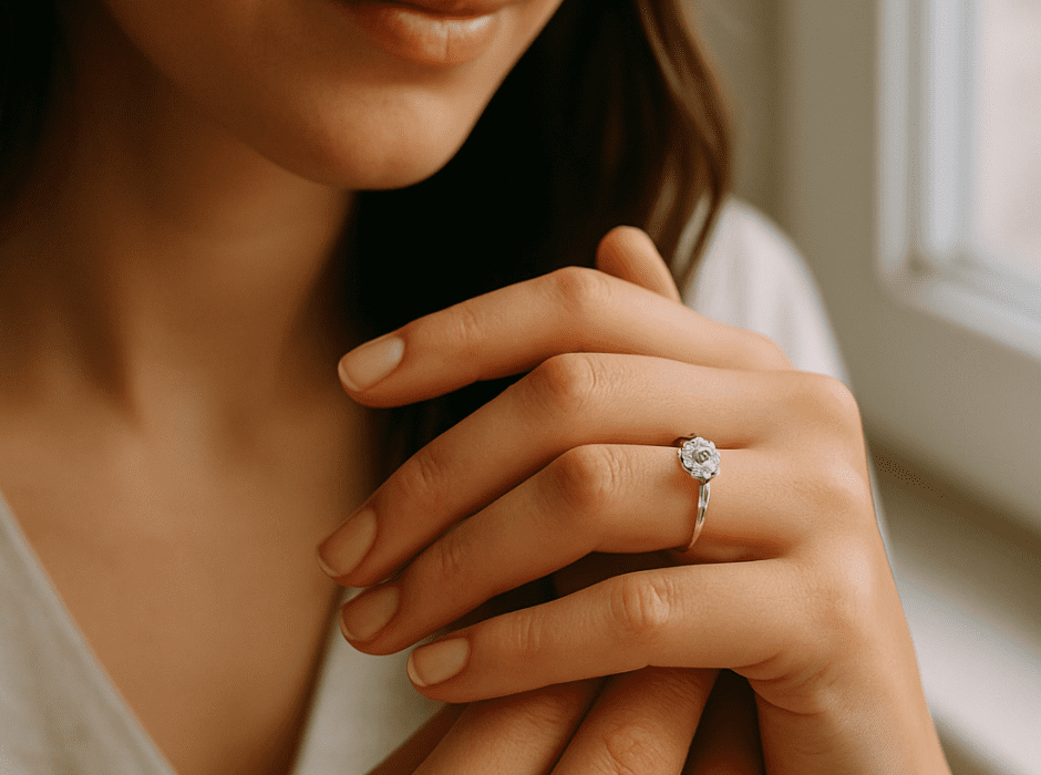 Prabangus vyriškas vestuvinis žiedas su subtiliu deimantu ant tamsaus fono.